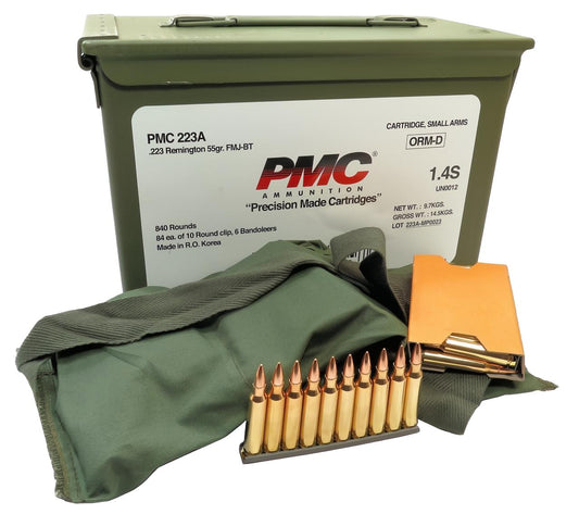 PMC 223 Rem 55gn FMJ in Ammo Can (840 rnds) & Bandolier (140 rnds)