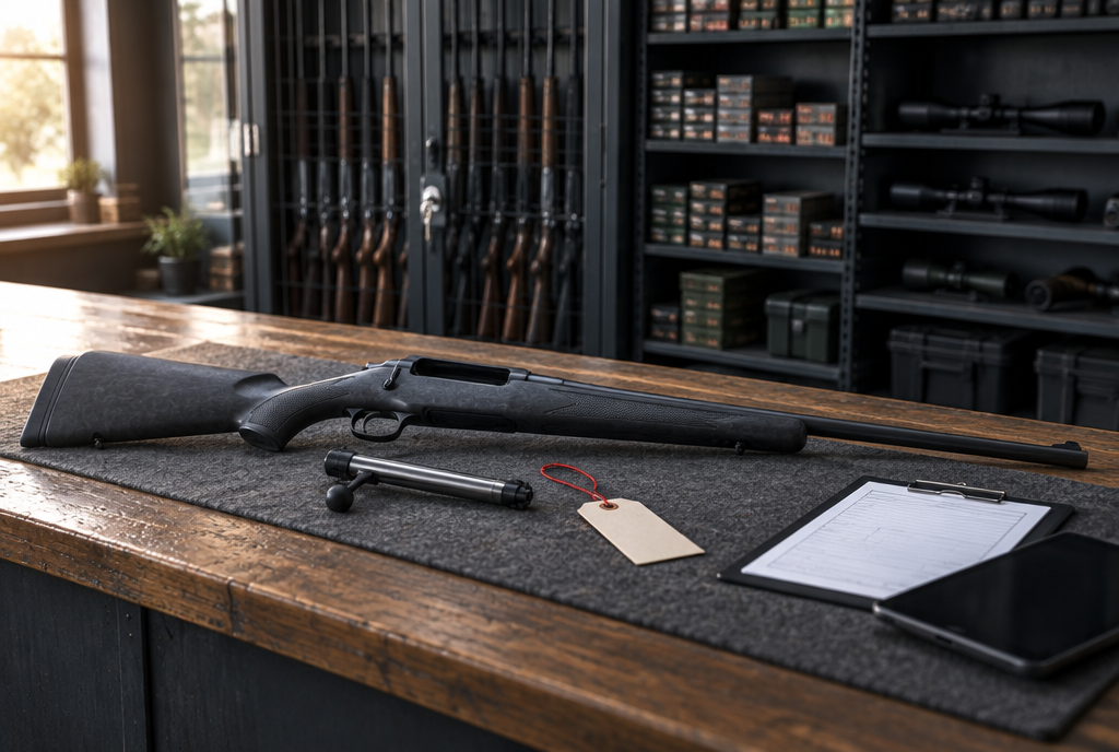 Unloaded bolt-action rifle with bolt removed and a surrender tag on a licensed firearms dealer's counter