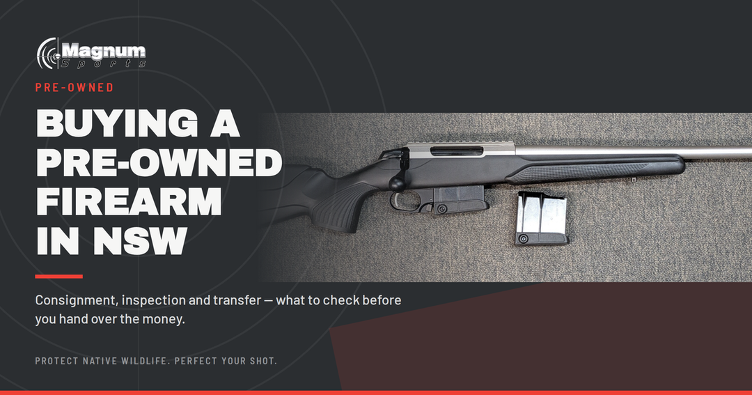 Pre-owned bolt-action rifle on the bench at Magnum Sports — guide to buying a used firearm in NSW by consignment and dealer transfer