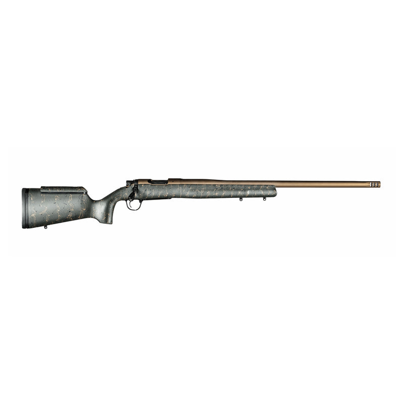 Christensen Arms Mesa Long Range 6.5 PRC, burnt bronze with green carbon fibre stock, black and tan webbing