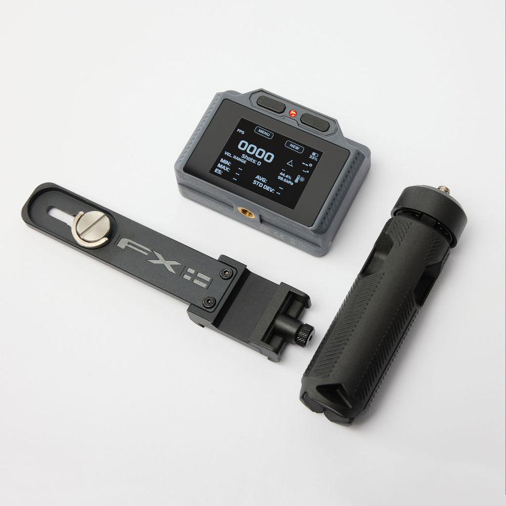 FX Airguns Pocket Chronograph Pro with weapon mount and tripod handle