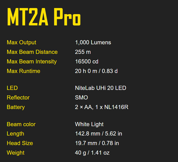 Nitecore MT2A Pro High Performance Rechargeable AA Flashlight