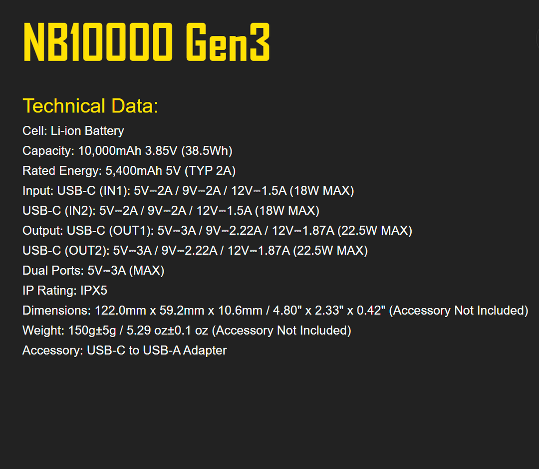 Nitecore Gen 3 Lightweight Carbon Fibre Power Bank, 10,000mAh