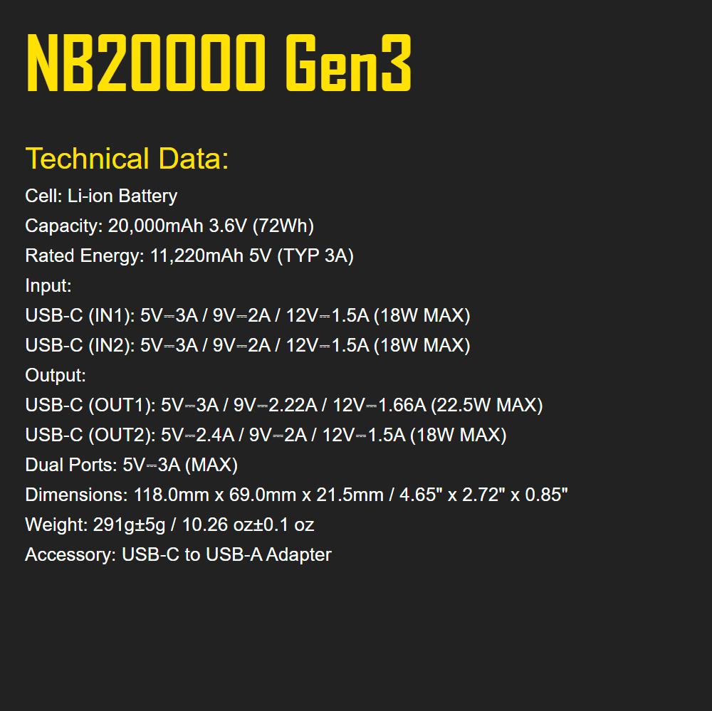 Nitecore Gen 3 Lightweight Carbon Fibre Power Bank, 20,000mAh