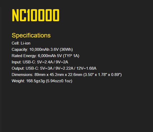 Nitecore NC10000 Highland Power Bank, 10,000mAh (Cable Sold Separately)