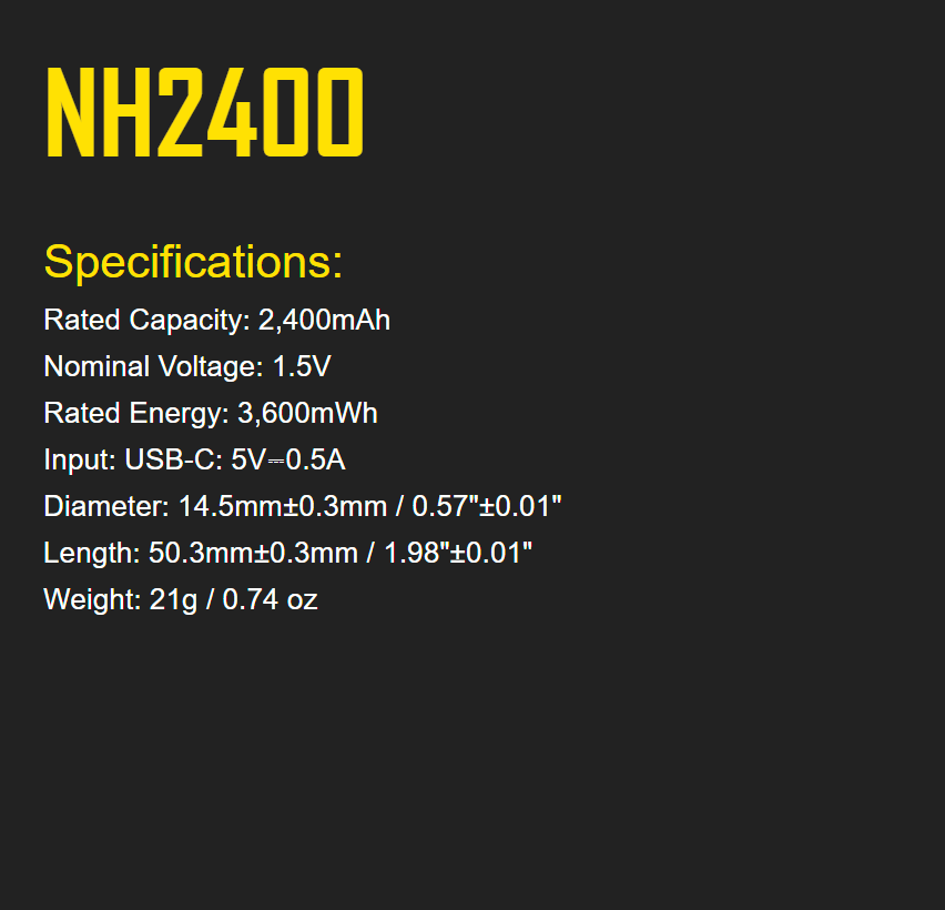 Nitecore NH2400 USB-C Rechargeable 1.5V Li-ion AA Battery