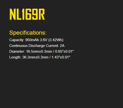 Nitecore NL169R High Performance Li-ion Rechargeable Battery