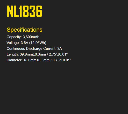 Nitecore NL1836 High-Performance Li-ion Rechargeable Battery