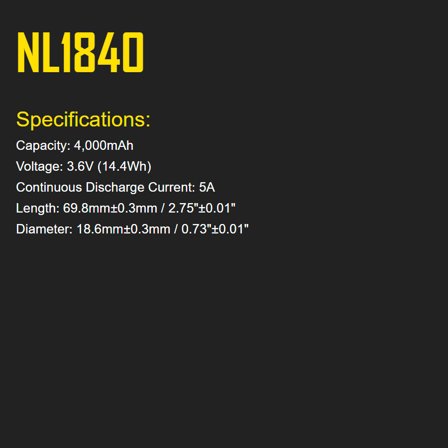 Nitecore NL1840 High-Performance Li-ion Rechargeable Battery