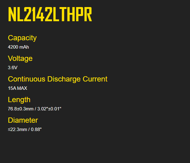 Nitecore NL2142LTHPR 21700 Li-ion Battery, Low Temperature, USB-C Rechargeable, 3.6V 4200mAh