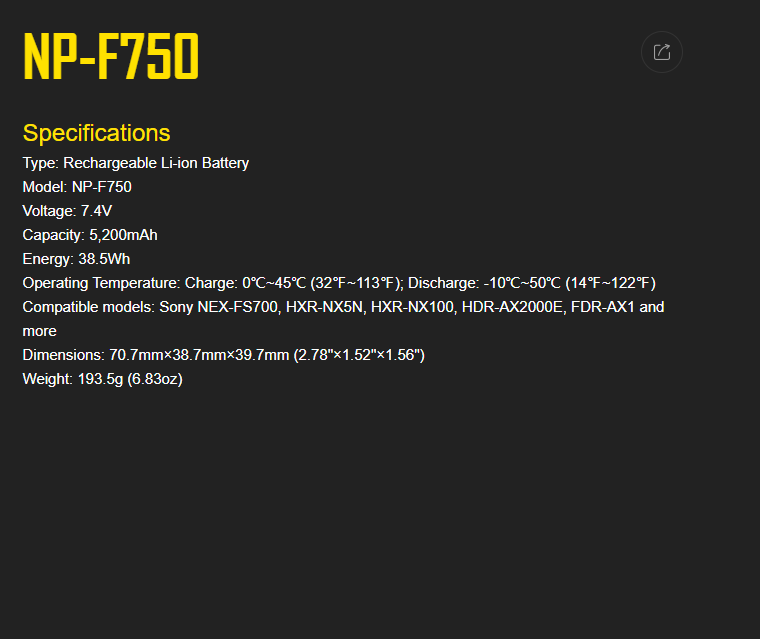 Nitecore NP-F750 Battery Pack for Sony NEX-FS700, HXR-NX5N