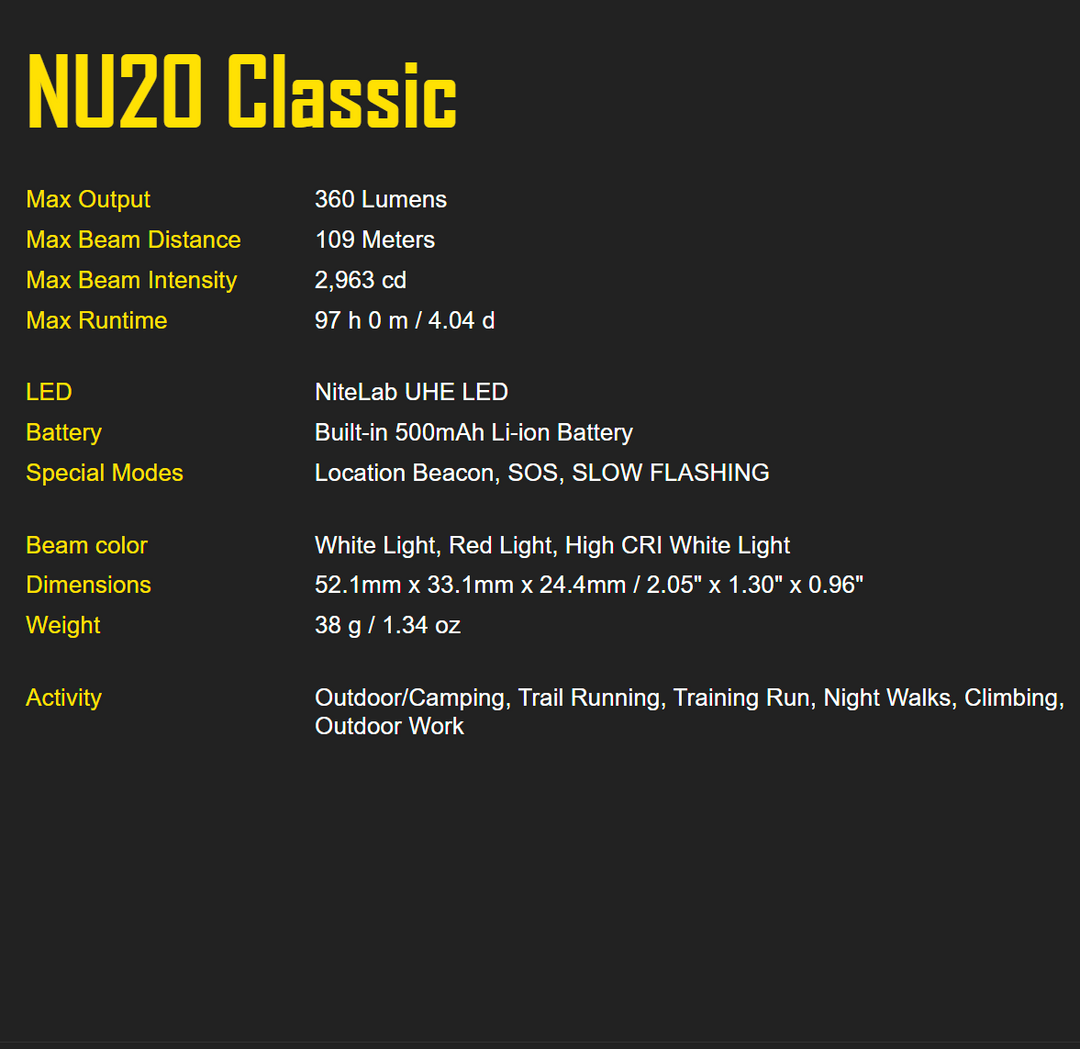 Nitecore NU20 Classic Ultra Lightweight Outdoor Headlamp