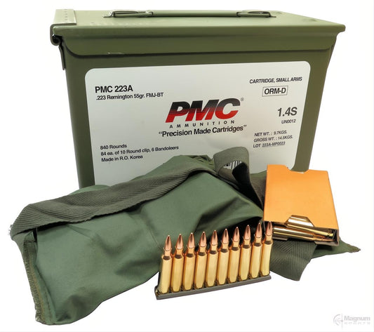 PMC 223 Rem 55gn FMJ in Ammo Can (840 rnds) & Bandolier (140 rnds)
