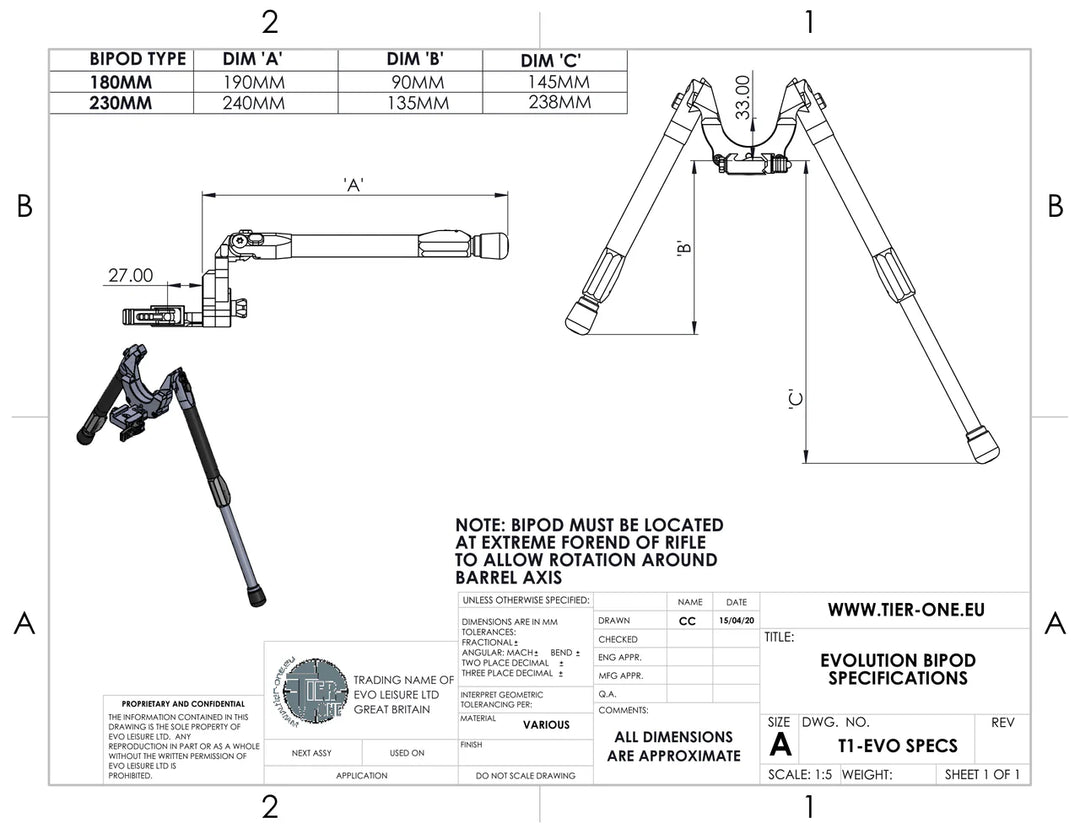 Tier One Carbon Evolution Bipod Picatinny Pan/Tilt 230mm