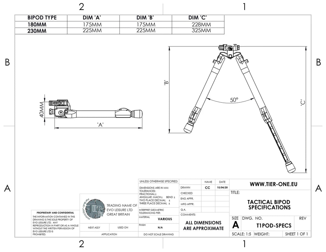 Tier-One Tier One Carbon Tactical Bipod Picatinny Pan/Tilt 180mm
