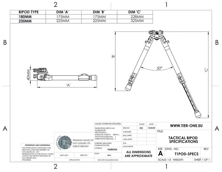 Tier-One Tier One Carbon Tactical Bipod Picatinny Pan/Tilt 180mm