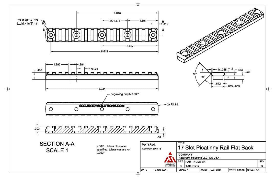 Accuracy Solutions BipodeXt Picatinny Rail 17 Slots 7"