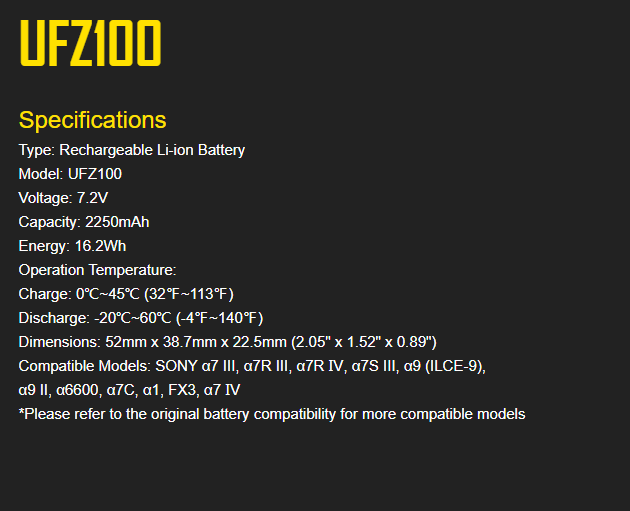 Nitecore UFZ100 Smart Camera Battery for Sony