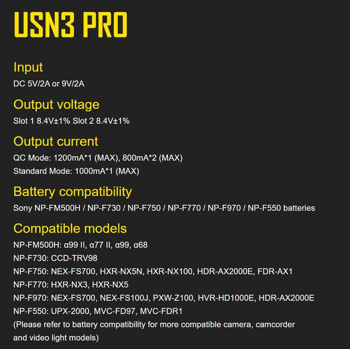 Nitecore USN3 Pro Intelligent Dual Slot Charger for Sony NP-FM500H, NP-F730, NP-F750, NP-F770, NP-F970, Np