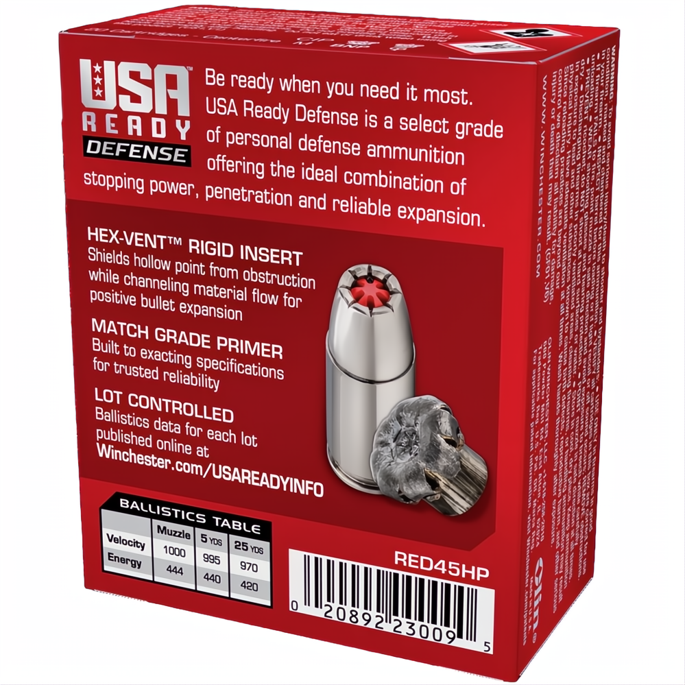 Winchester USA Ready Defense 45 ACP 200gr Hex-Vent HP