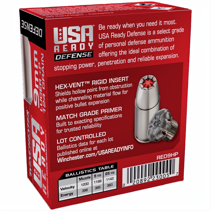 Winchester USA Ready Defense 9mm 124gr Hex-Vent HP