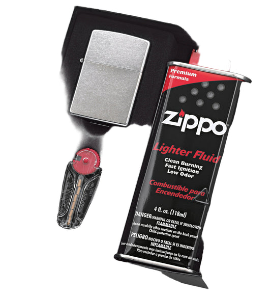 ZIPPO 205 SATIN CHROME W/FLUID & FLINTS
