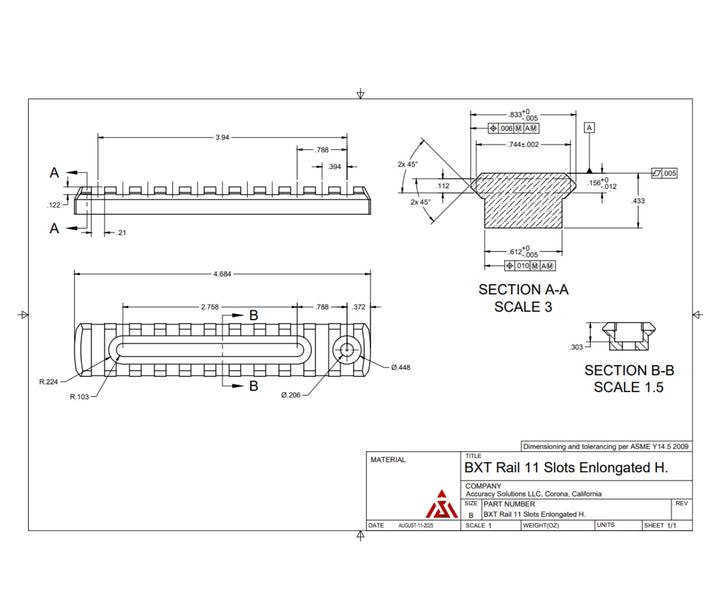 Accuracy Solutions BipodeXt Picatinny Rail 11 Slots Elongated Holes
