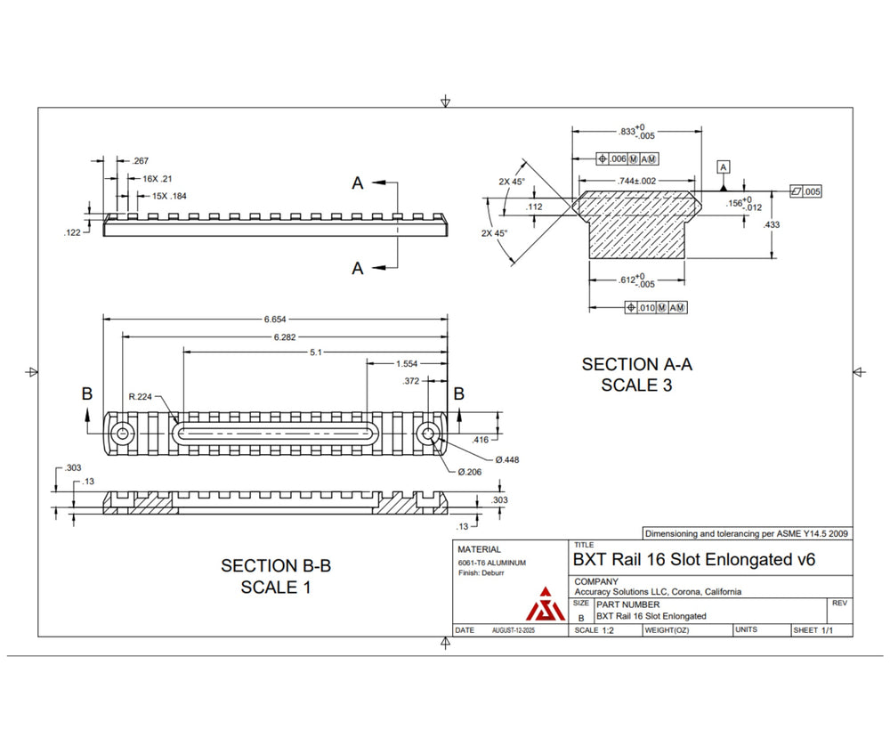 Accuracy Solutions BipodeXt Picatinny Rail 16 Slots Elongated Holes