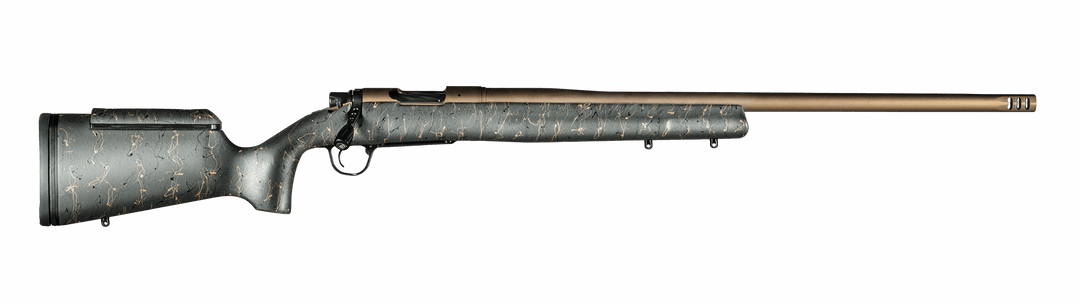 Christensen Arms Mesa Long Range 6.5 PRC, burnt bronze Cerakote action and barrel with green carbon fibre stock with black and tan webbing