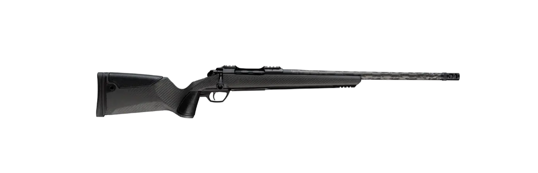 Gunwerks Nexus Gen 2 bolt action rifle in 7mm PRC with black Cerakote action, black carbon fibre stock and 24 inch carbon wrapped barrel
