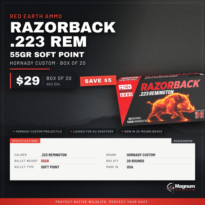 Red Earth Ammo Razorback 55gr Hornady Soft Point .223 Rem - Magnum Sports advert, $29 box of 20