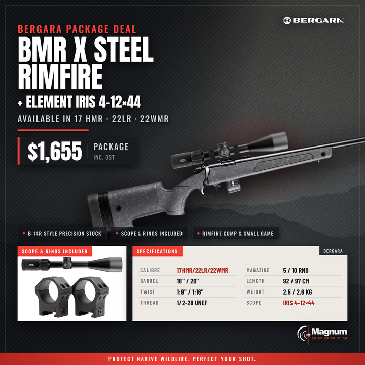 Bergara Rimfire BMR X Steel &amp; Element Iris 4-12x44 Package