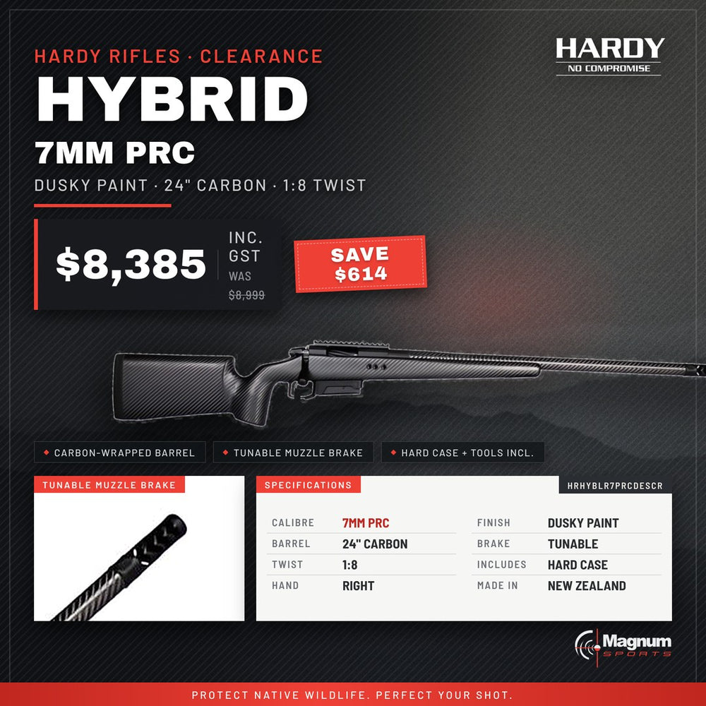 Hardy Hybrid 7mm PRC Dusky Paint rifle on sale at Magnum Sports – $8,385, save $614