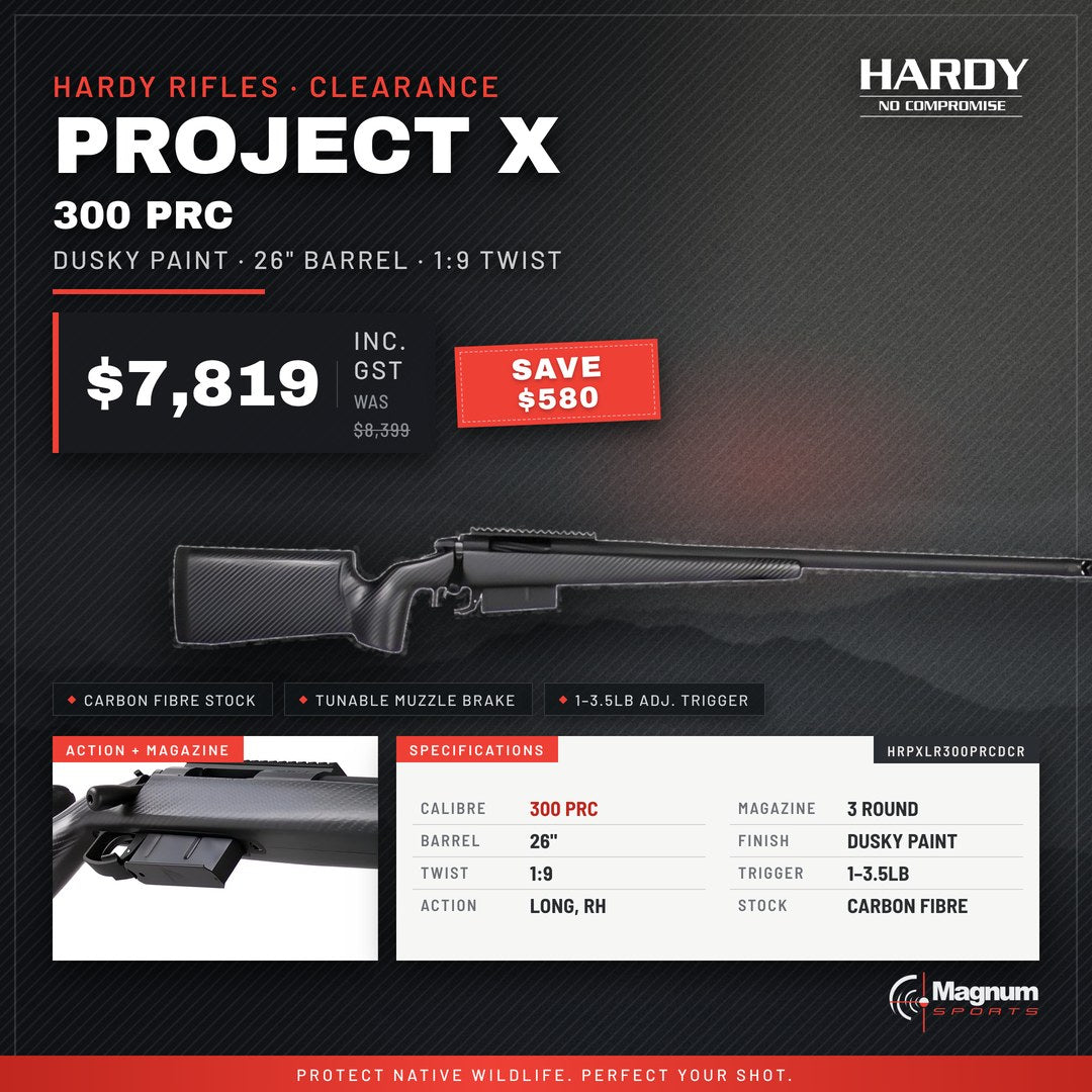 Hardy Project X 300 PRC Dusky Paint rifle on sale at Magnum Sports – $7,819, save $580
