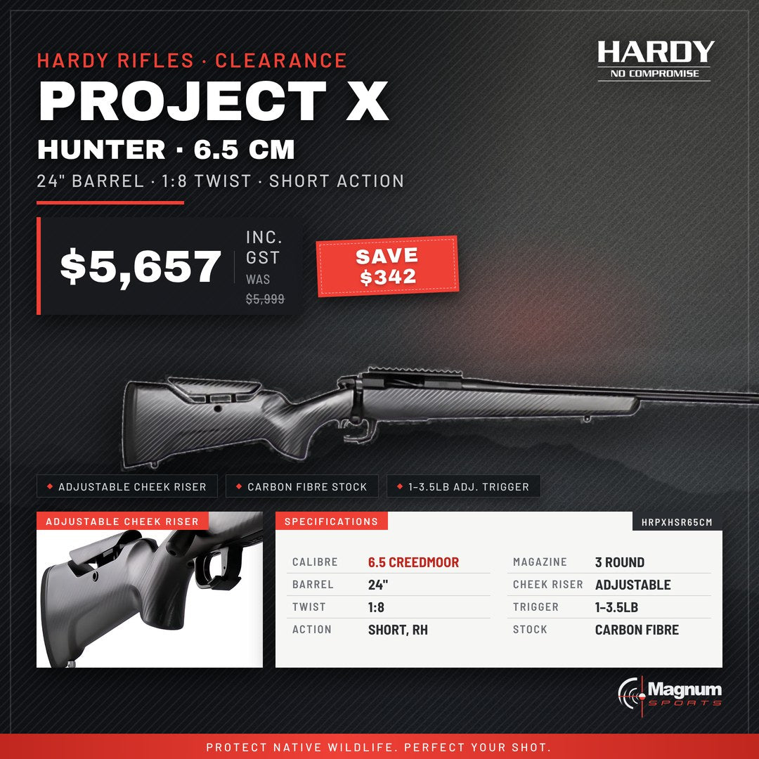 Hardy Project X Hunter 6.5 Creedmoor rifle on sale at Magnum Sports – $5,657, save $342