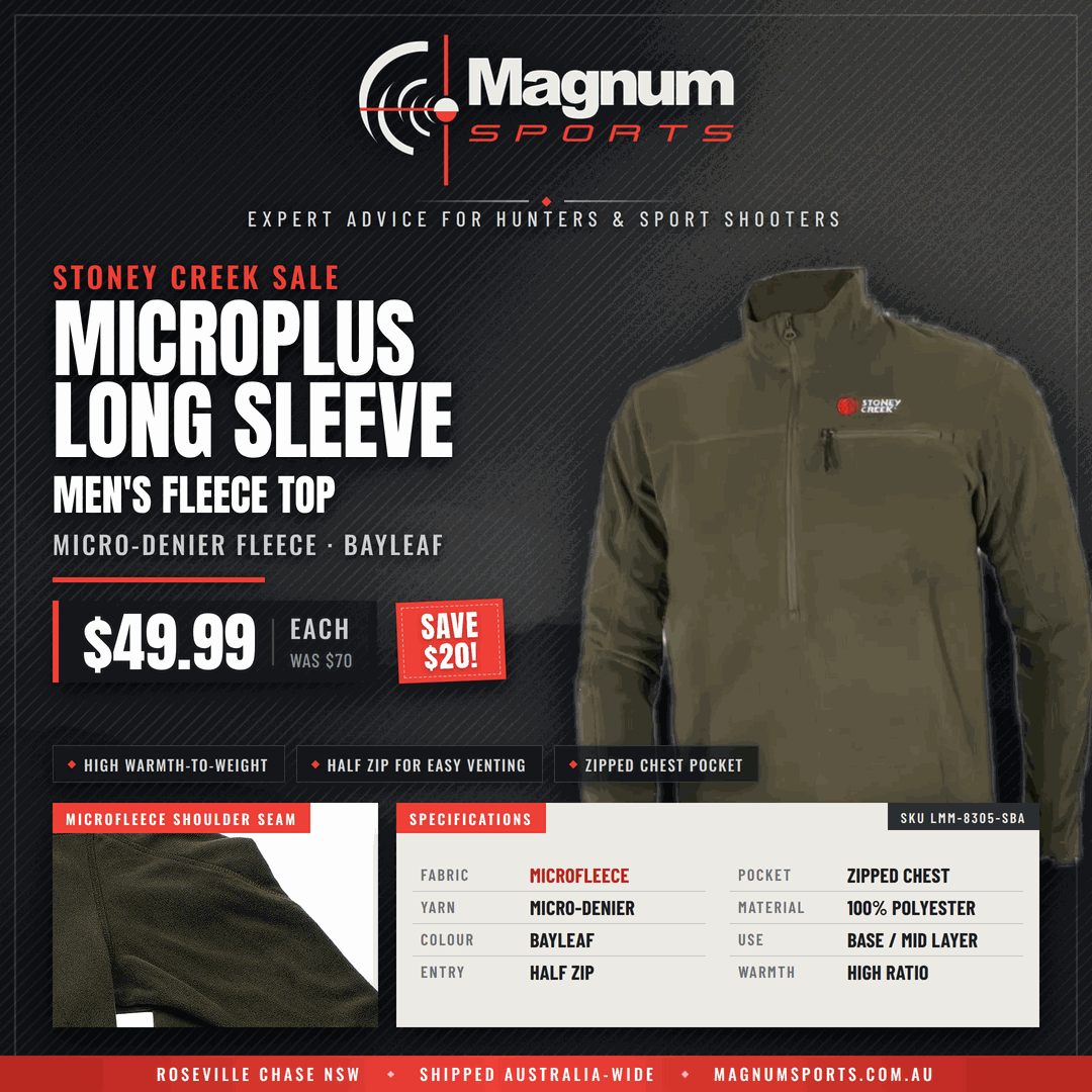 Stoney Creek Sale - Microplus Long Sleeve Top Bayleaf advert - $49.99, was $70