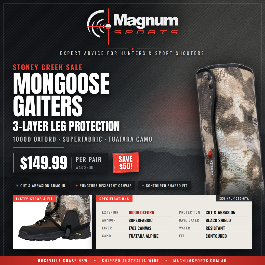 Stoney Creek Sale - Mongoose Gaiters TCA advert - $149.99 per pair, was $200