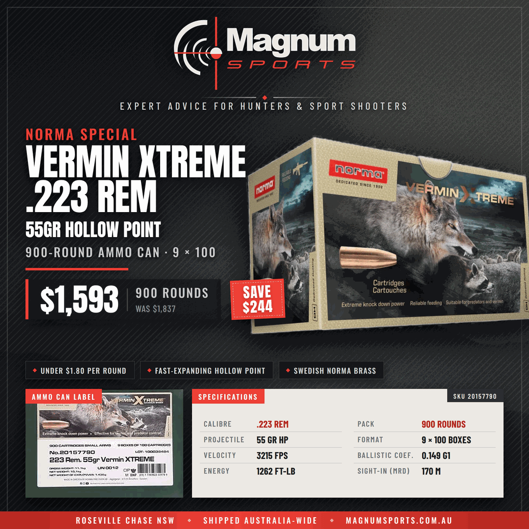 Norma 223 Rem 55gr Vermin Xtreme HP ammo can promo