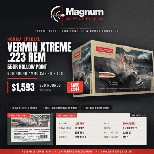 Norma 223 Rem 55gr Vermin Xtreme HP Ammo Can - Magnum Sports advert