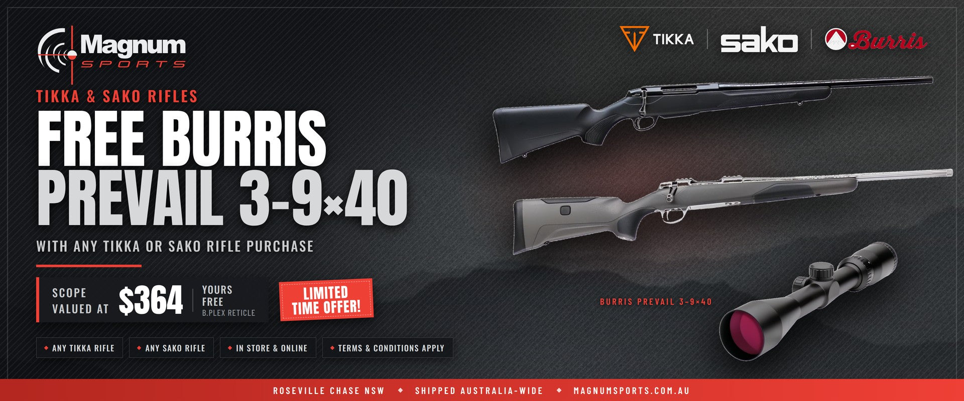 Free Burris Prevail 3-9x40 scope with any Tikka or Sako rifle purchase — limited time offer
