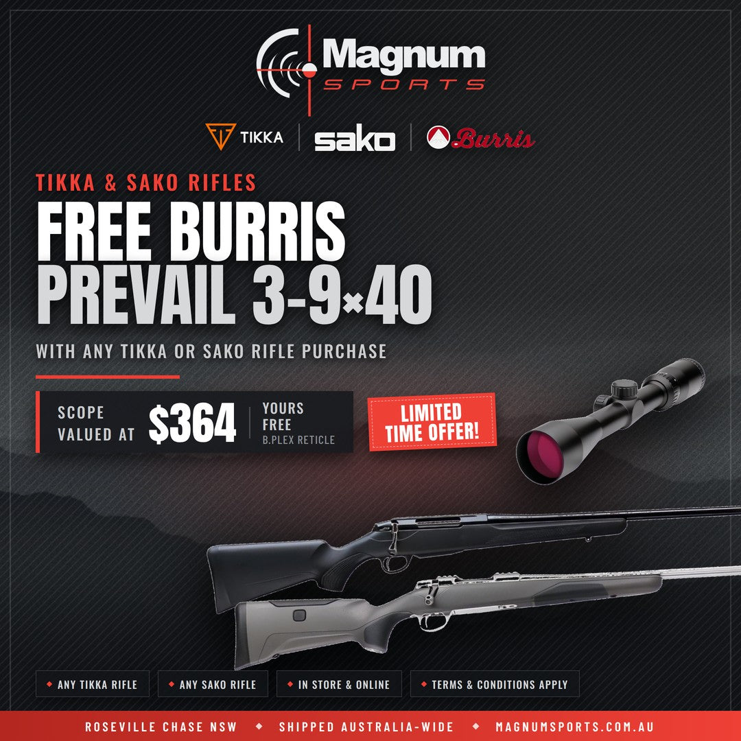 Free Burris Prevail 3-9x40 scope with any Tikka or Sako rifle purchase — limited time offer