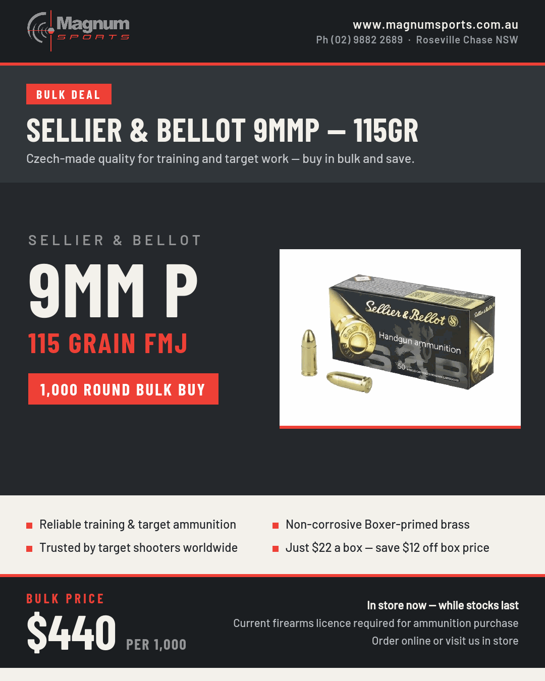 Sellier & Bellot 9mm 115gr FMJ bulk 1000 round special